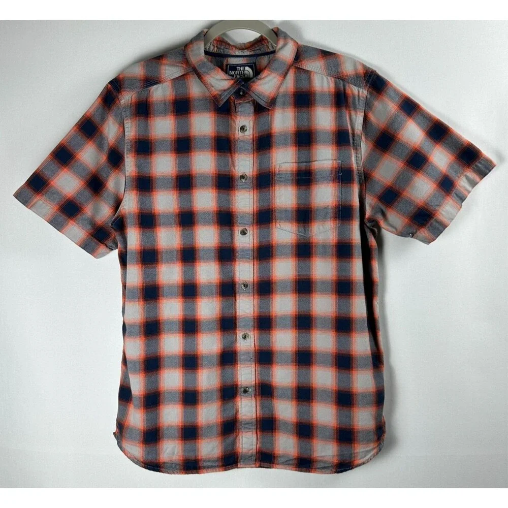 The North Face Plaid Camp Shirt Men's M Orange Blue Short Sleeve Hiking Outdoor